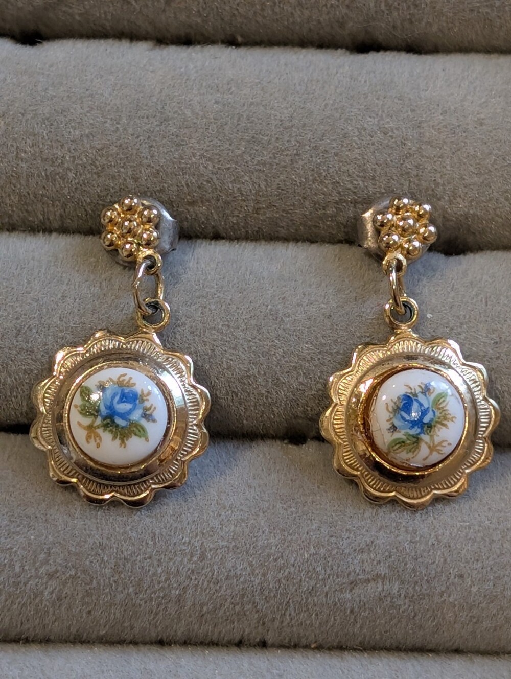 Vintage Gold Porcelain Blue Rose Drop Earrings Cottagecore Victorian